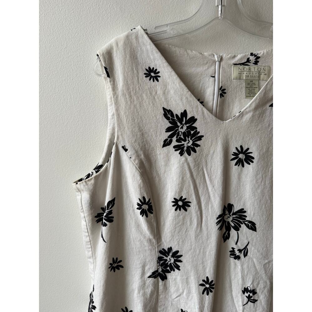 Norton McNaughton White Linen Midi Shift Dress Black Floral 90s Sleeveless 18 XL - Picture 2 of 10